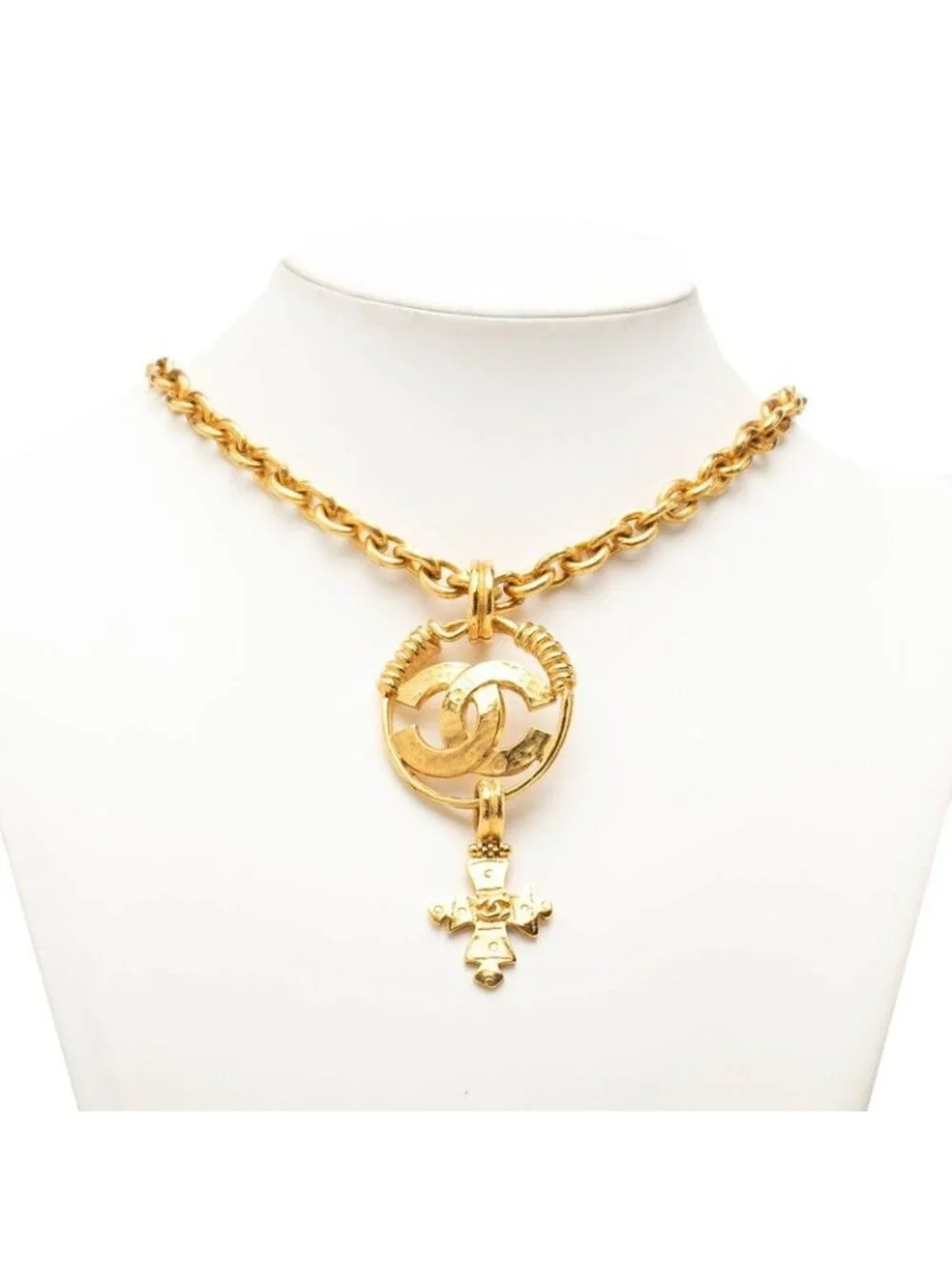 Chanel CC Logo Cross Vintage Chain Necklace 94P Gold Plated